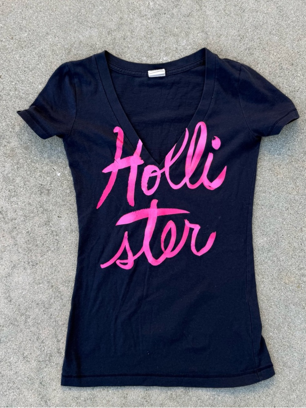 Vtg Y2K Womens Hollister V-Neck short Sleeve Tee Navy Blue Sz XS Laguna beach
